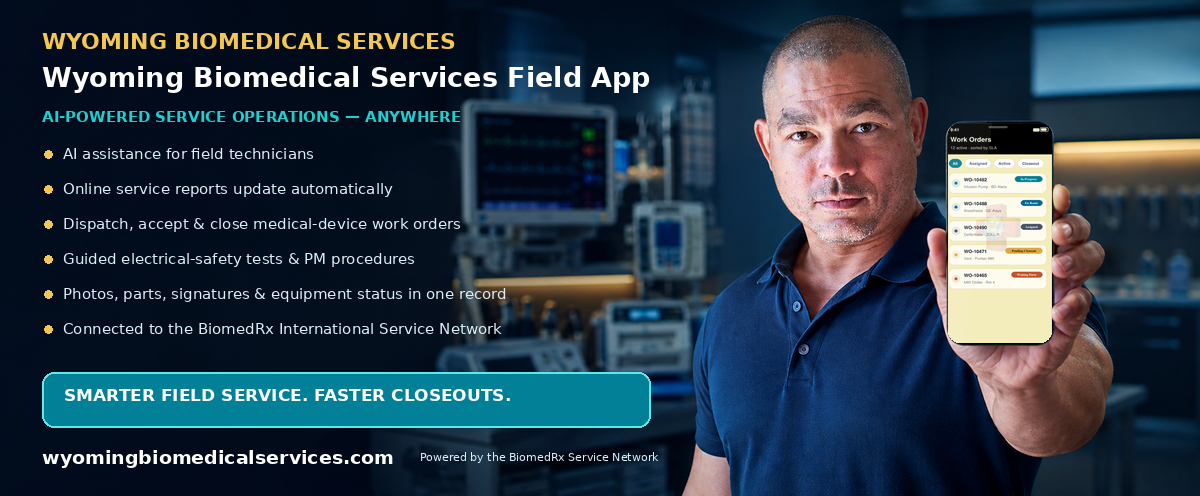 Wyoming Biomedical Field — AI-powered field-service mobile app; automatic online service reports, work-order dispatch, and closeout