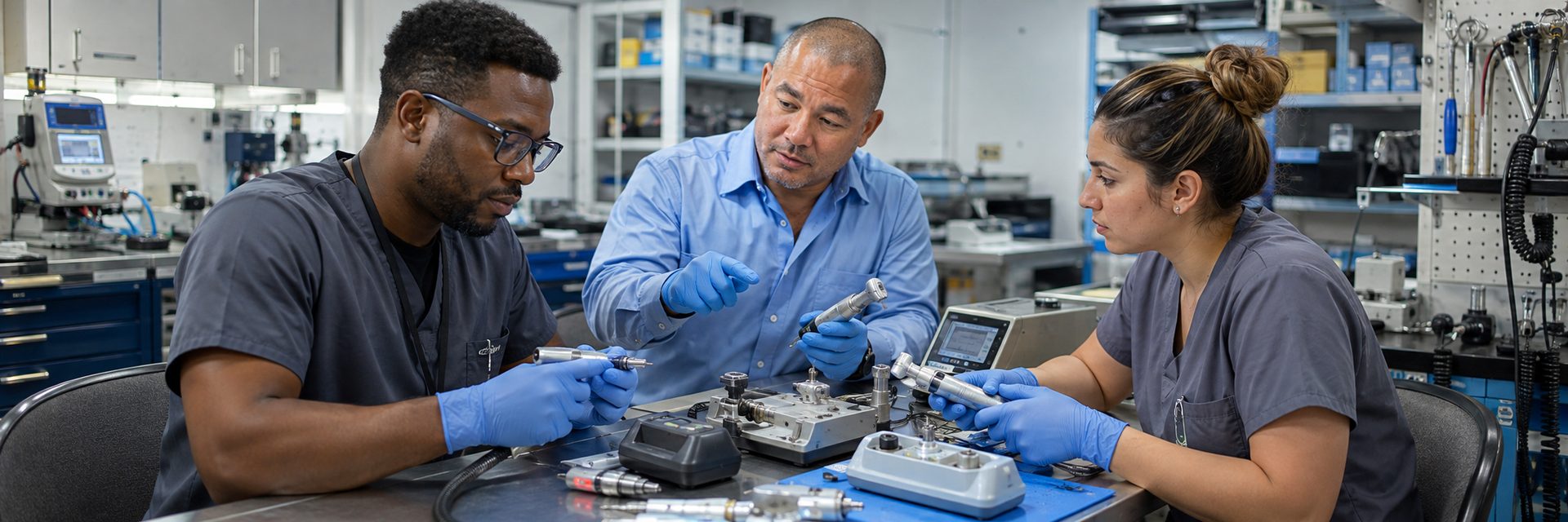 Biomedical technicians performing infusion pump preventive maintenance in an infusion suite