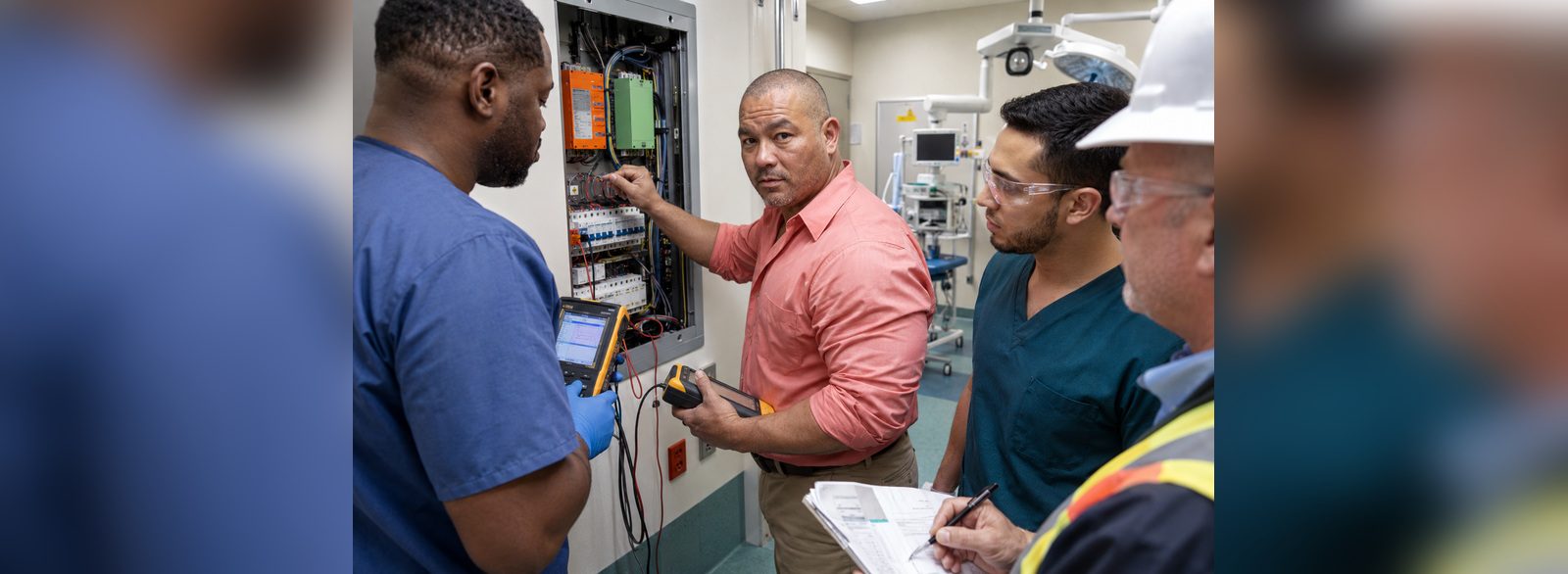 Isolated power panel commissioning inspection with the electrical contractor and biomedical team